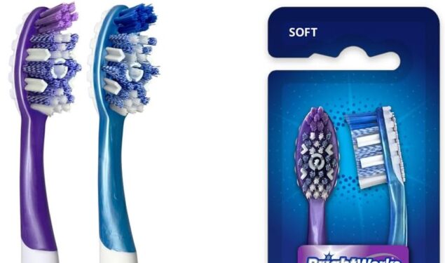 Sonic Battery Powered Toothbrush (2-Pack) (Blue/Purple) Soft Multi-Level Bristles for Whole Mouth, Vibrating Bristles Deep Clean, with Whitening Pads and Tongue Cleaner.